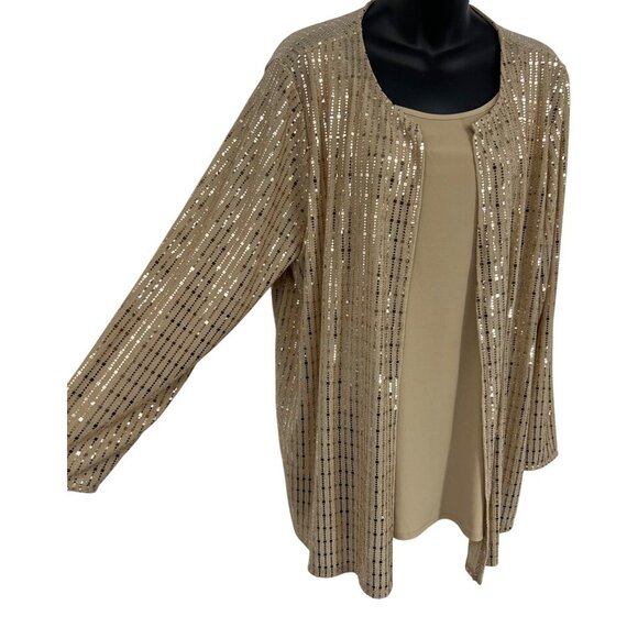 Anne Klein Plus Size Womens 2-fer Top Blouse Gold Sequin Scoop Long Sleeve New - Picture 4 of 10